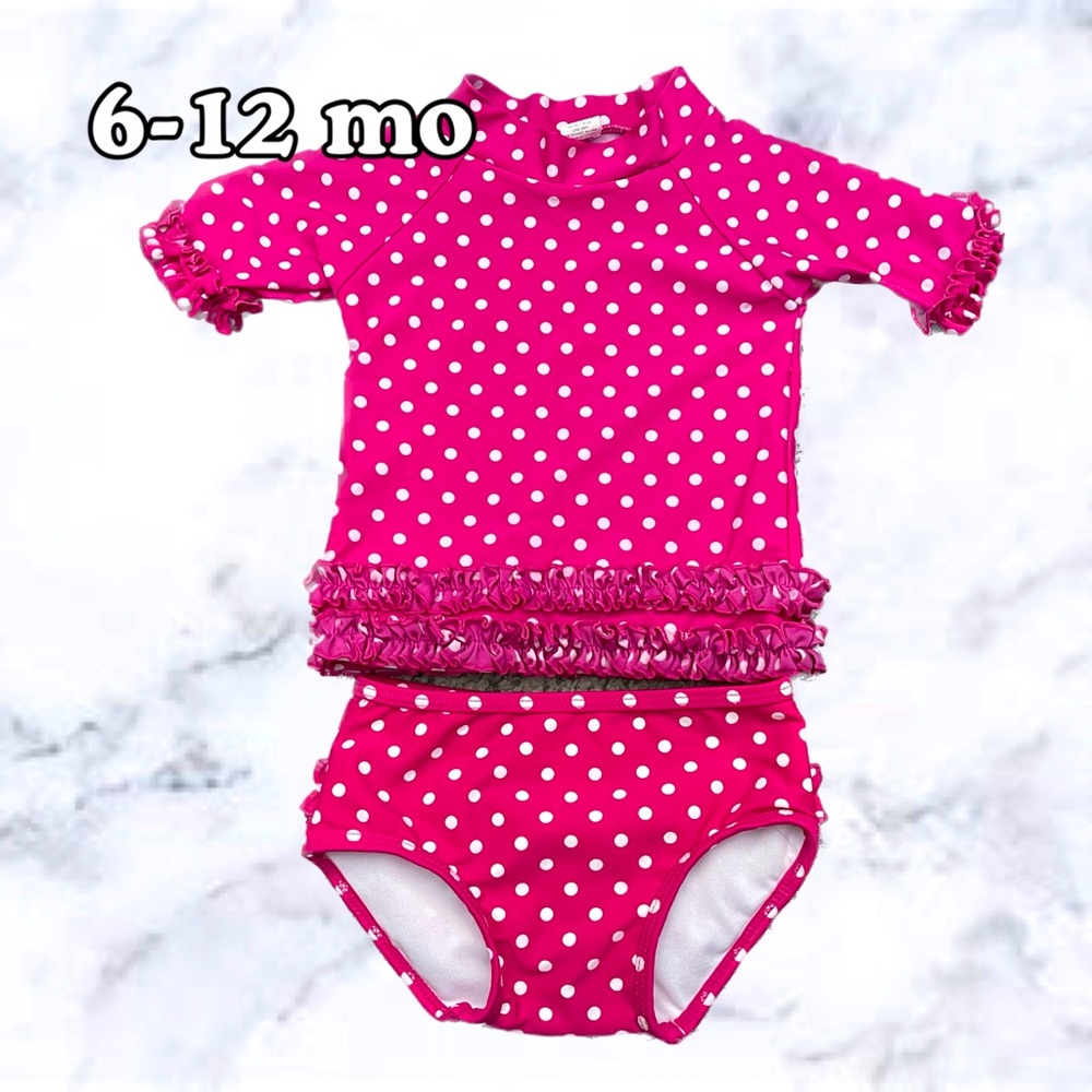 RuffleButts Baby Toddler Girls Rash Guard Short Sleeve 2-pc Swimsuit, 6-12 mos
